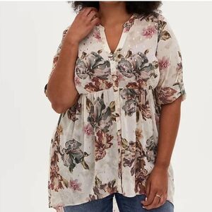 Torrid Lexie Floral Chiffon Hi Lo Babydoll Tunic Stretch Ivory 0X